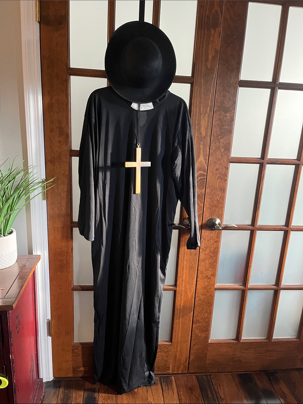 Men's Black Priest Costume Robe with Gold Cross Necklace